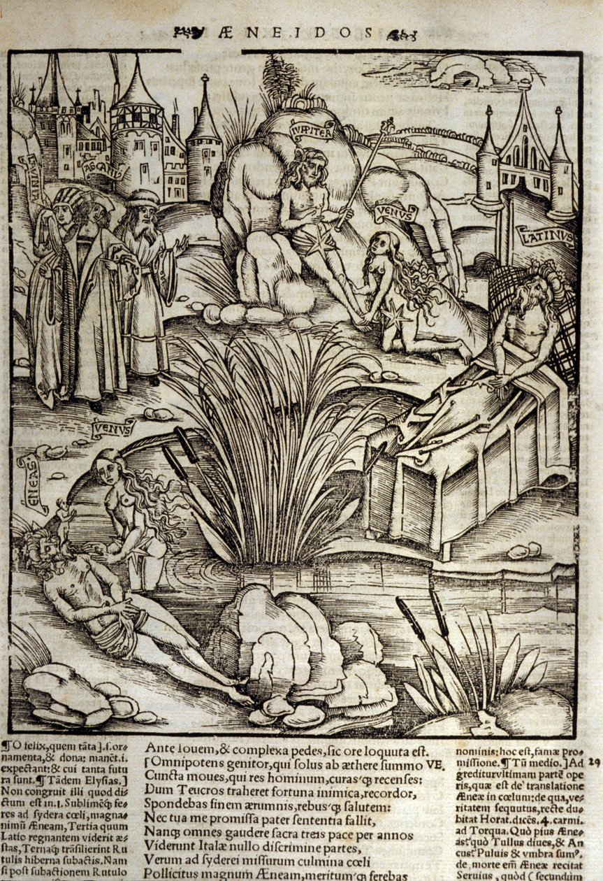 Eneide de Virgil (70 pne-19 pne), Księga XII, bohaterowie trojańscy Enee zostaje cudownie potraktowany przez Wenus, po czym postanowił szturmować miasto Latinus. Umiera król Lacjum (po prawej) i to Enee zostanie królem, który poślubi córkę zmarłego Lavinie autorstwa Unknown artist