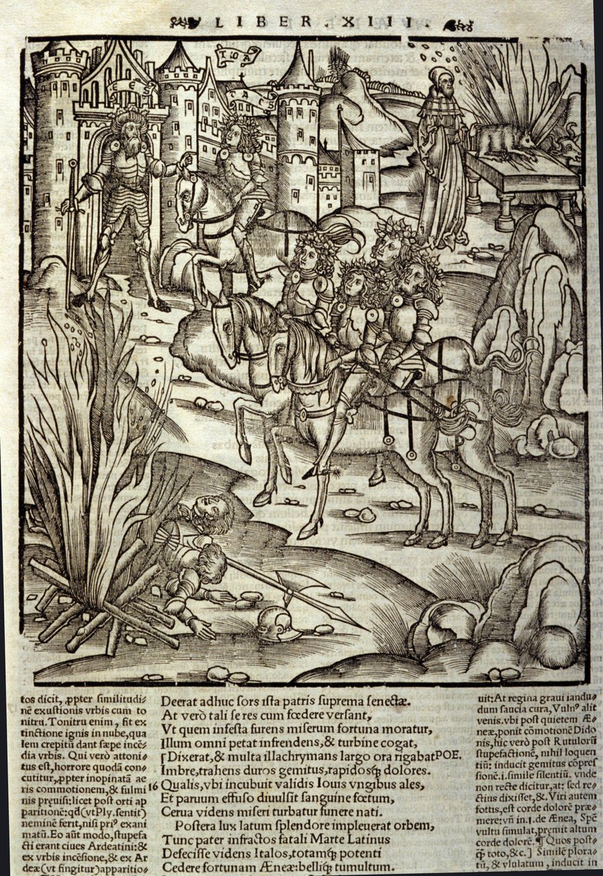 Eneide de Virgil (70 pne-19 pne), księga XIII (supplementum), trojański bohater Enee przyjmuje łacinników, składane są ofiary ku czci ofiar wojny. Ksylografia Sebastiana Branta (1458-1521). Strasburg autorstwa Unknown artist