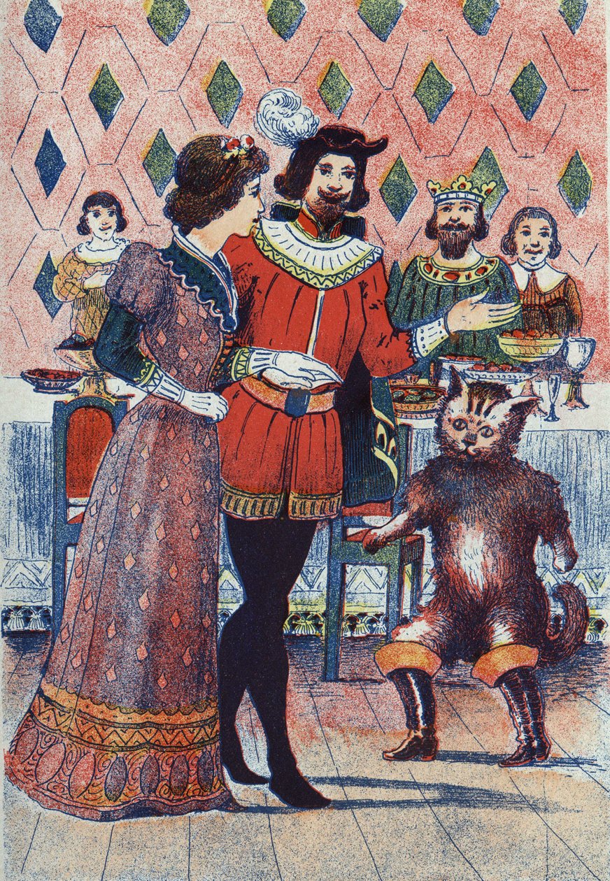 Zaręczyny markiza Carabas i córki króla. Ilustracja do „”Le chat Botte””, opowiadania Charlesa Perraulta (1628-1703), francuskiego pisarza. Anonimowa ilustracja. Zdjęcia Marcel Vagne, Jarville Nancy, bez daty (koniec XIX wieku). autorstwa Unknown artist