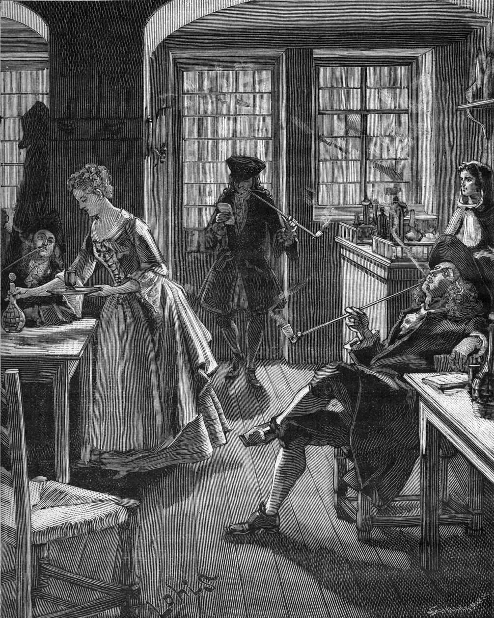 Anglia, koniec XVII wieku: mężczyźni palący w kawiarni. Rycina XIX wieku. W „Histoire de France” Julesa Micheleta autorstwa Unknown artist