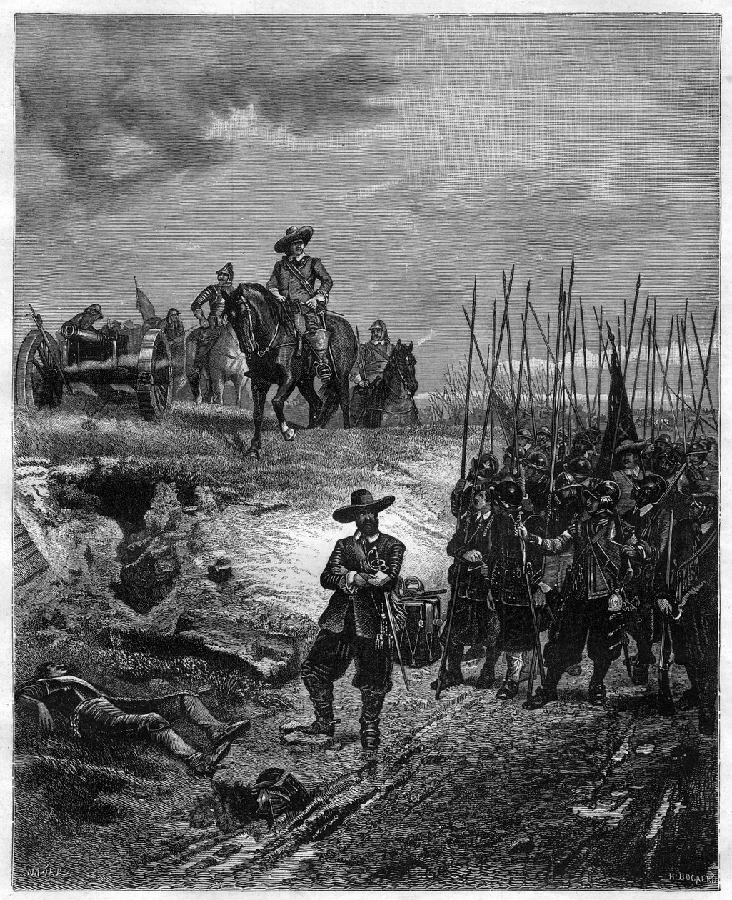 Angielskie wojny domowe: Oliver Cromwell (1599-1658) w bitwie pod Marston Moor, 2 lipca 1644 – parlamentarzyści pokonali rojalistów pod wodzą księcia Ruperta. Grawerowanie XIX wieku - Oliver Cromwell w bitwie pod Marston Moor w dniu 2 lipca 1644 podczas Pi autorstwa Unknown artist