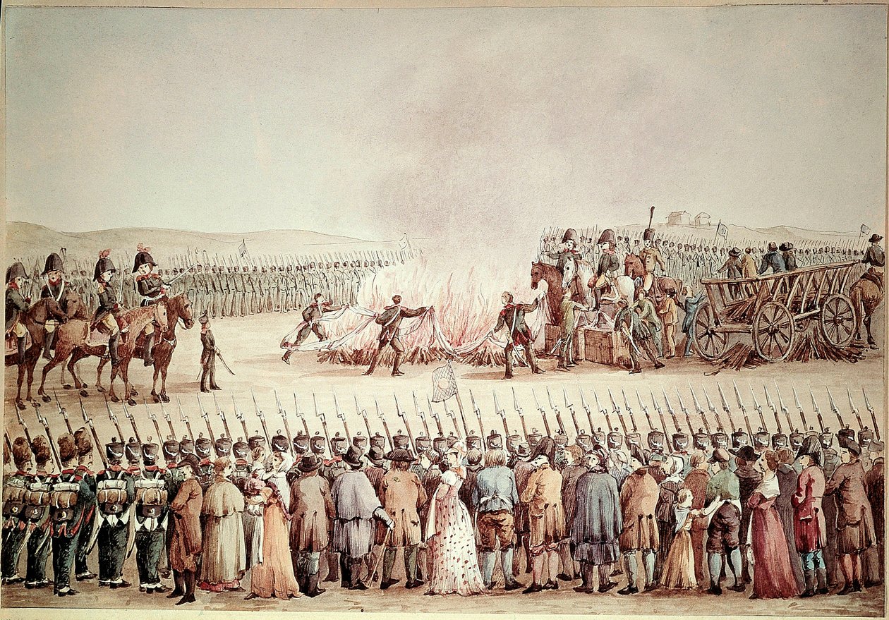 Towary angielskie zostały zniszczone na rozkaz Napoleona I Bonaparte podczas blokady kontynentalnej w 1806 roku. autorstwa Unknown artist