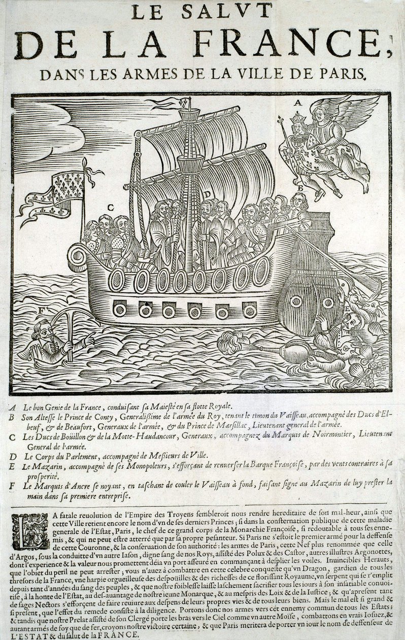 Grawerowane drewno. Broszura polityczna Mazarinade: „”Zbawienie Francji w ramionach miasta Paryża”” A - Dobry geniusz Francji, pochłaniający swój majestat (Ludwik XIII) we flocie królewskiej, B - Książę de Conty, C - Duc de Bouillon et de la Motte-Hauda autorstwa Unknown artist