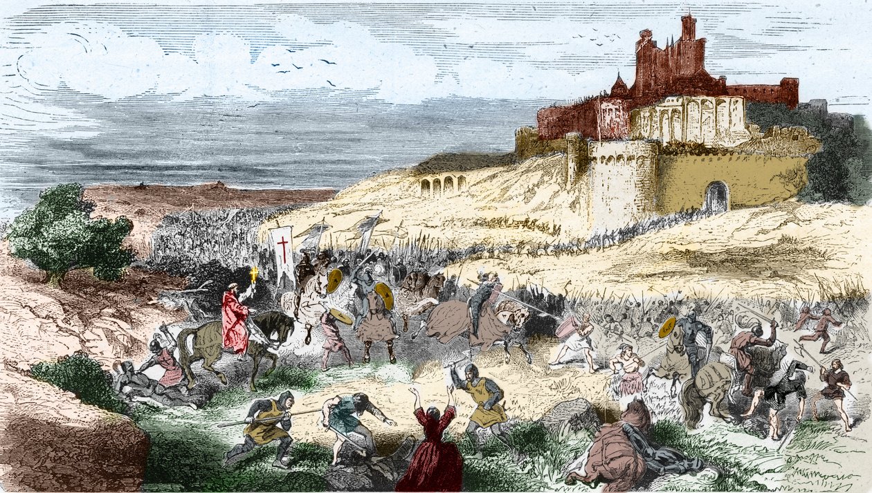 Grawerowanie: Krucjata przeciwko Cathares - Albigeois - Zdobycie Beziers 21 lipca 1209 przez Simona de Montfort (Szymon IV, hrabia Montfort) 7000 mieszkańców to masakry i miasto pillee and brulee - Grawerowanie w „” Histoire De France En Cent Obrazy autors autorstwa Unknown artist