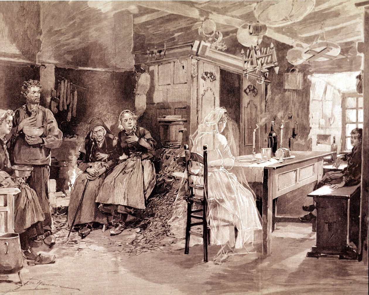 Rycina przedstawiająca bretońską legendę, że duchy ludzi, którzy zginęli na morzu, co roku 1 listopada ukazują się swoim bliskim. autorstwa Unknown artist