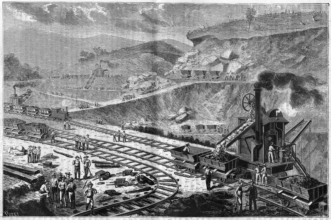 Rycina z 1885 przedstawiająca pracę drążenia Przesmyku Panamskiego. Widok jednego z ataków na stocznię Emperador. autorstwa Unknown artist