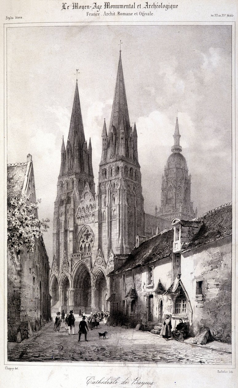 Rycina katedry w Bayeux opublikowana w „Monumentalnym i archeologicznym średniowieczu””. 19 wiek autorstwa Unknown artist