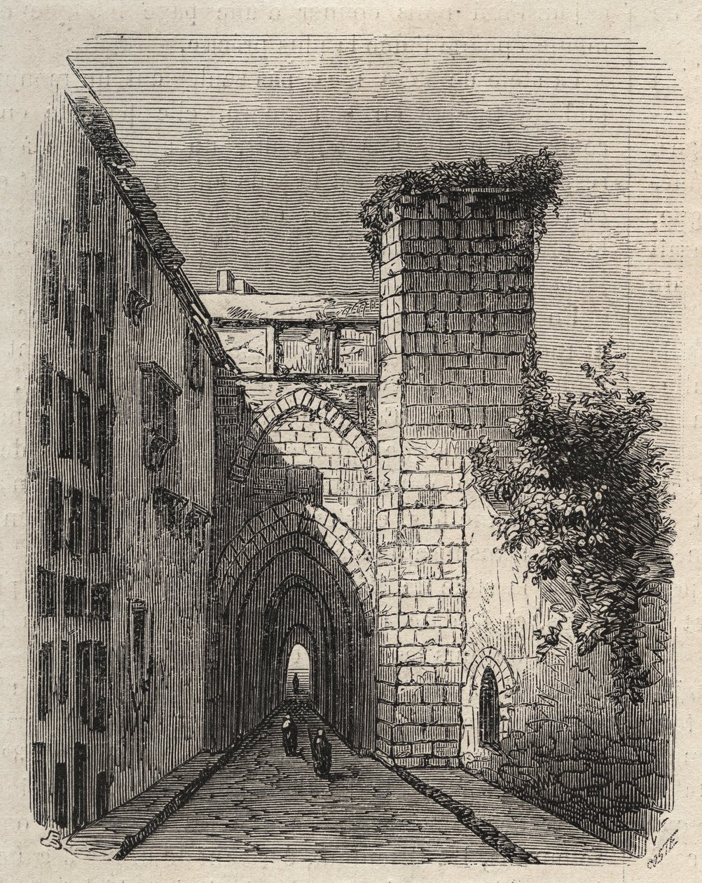 Wejście do Arabskiej Medresy (Wyższej Szkoły) w Jerozolimie, gdzie zakopano stelę Meszy ze świątyni - rycina w „Światach znakomitych” ze stycznia 1873 r. autorstwa Unknown artist