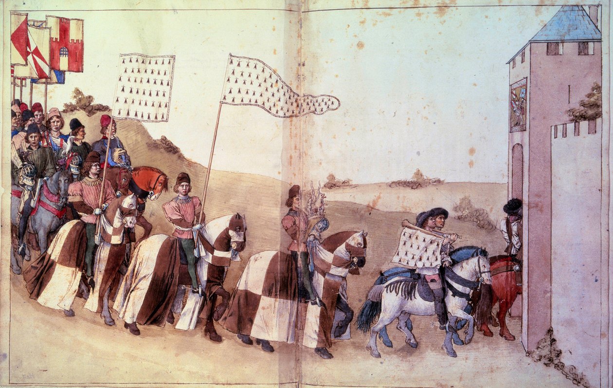 Wejście konduktu z hełmem i sztandarem księcia Bretanii w krużgankach. Rękopis „” Traktuje formę i cytaty tak, jak robimy turnieje”” (Folio 46V-47) Rene d
