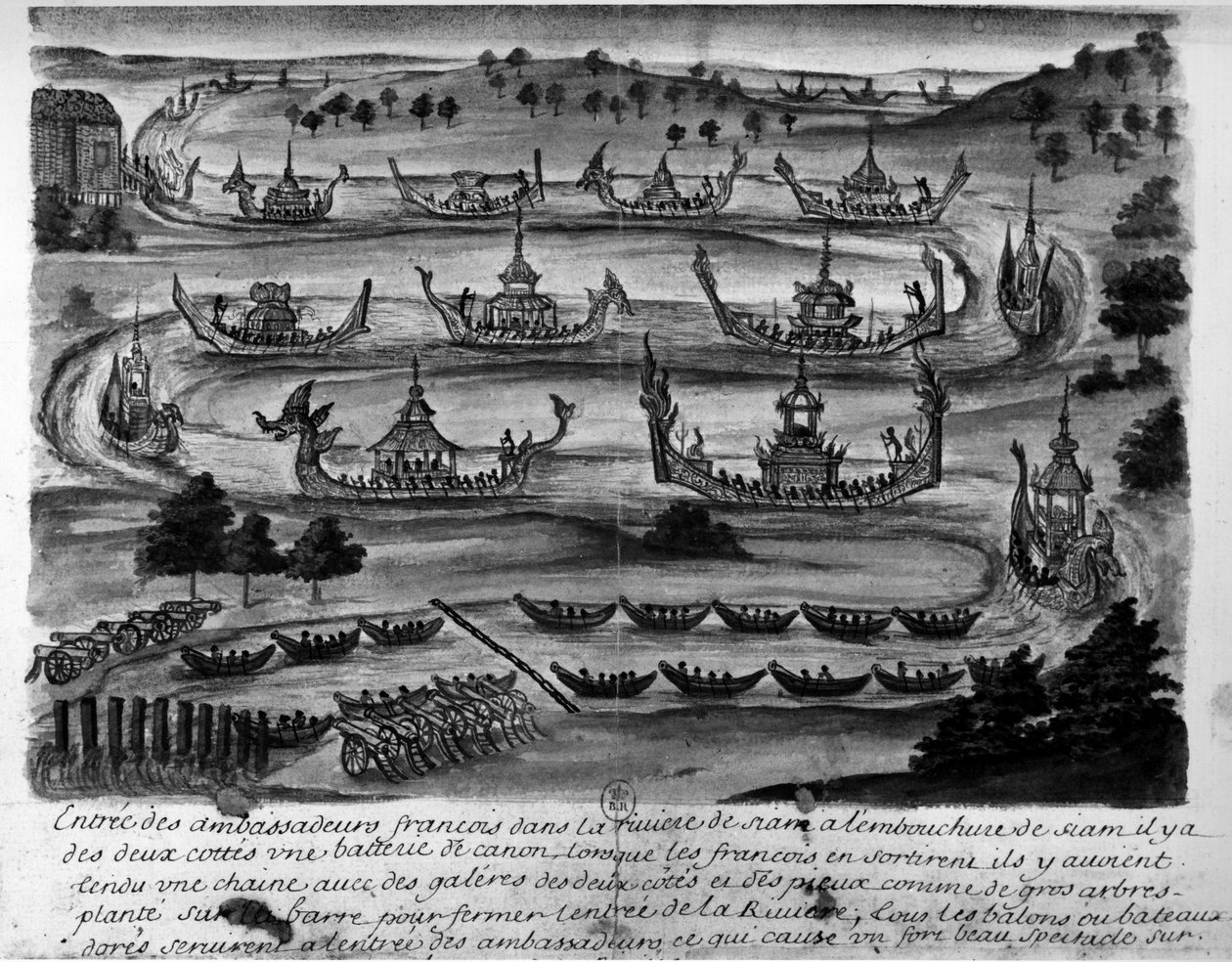 Wkroczenie ambasadorów francuskich do rzeki Syjamu – w „Podróżach Królestwa Syjamu, historyczne 1688”. autorstwa Unknown artist