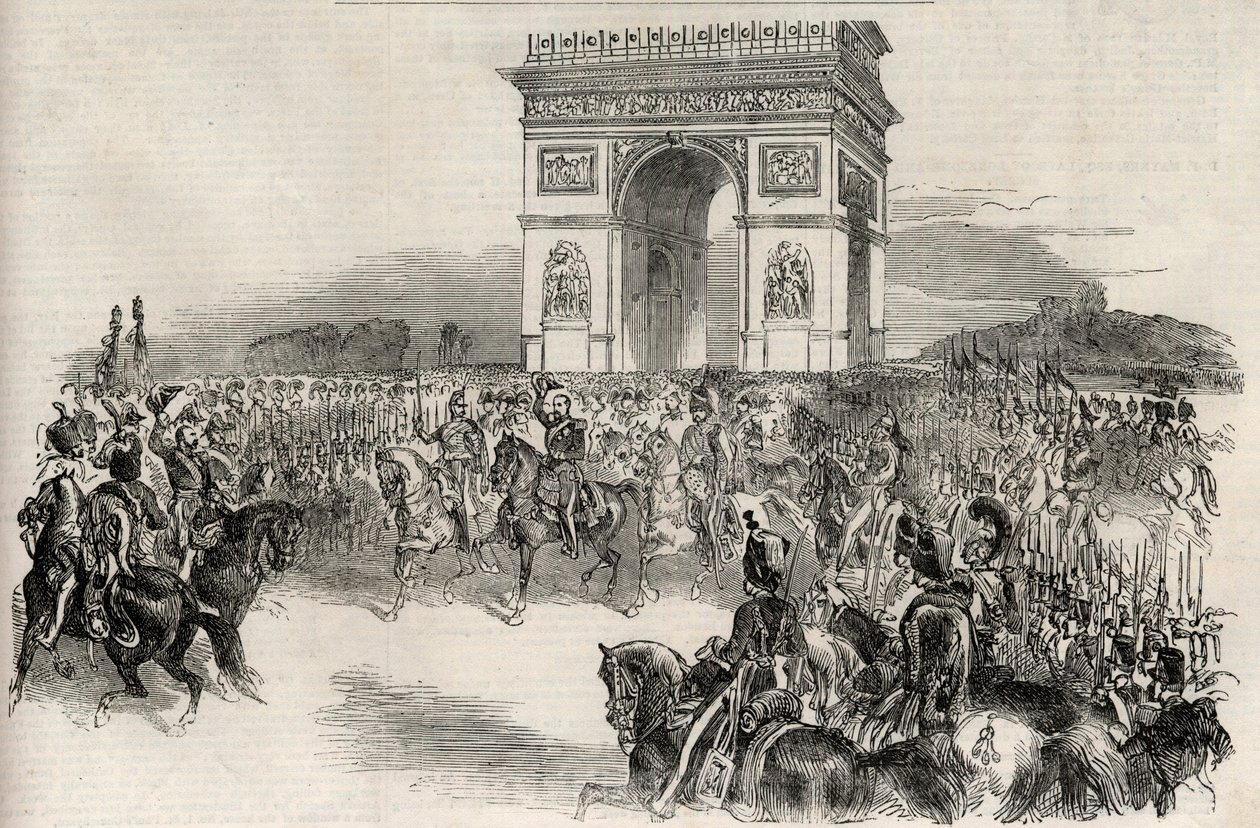 Wjazd Napoleona III do Paryża przez Łuk Triumfalny 2 grudnia 1852 r., rycina - Cesarz francuski Napoleon III (1808-1873) wjeżdża do Paryża 2 grudnia 1852 r. - autorstwa Unknown artist