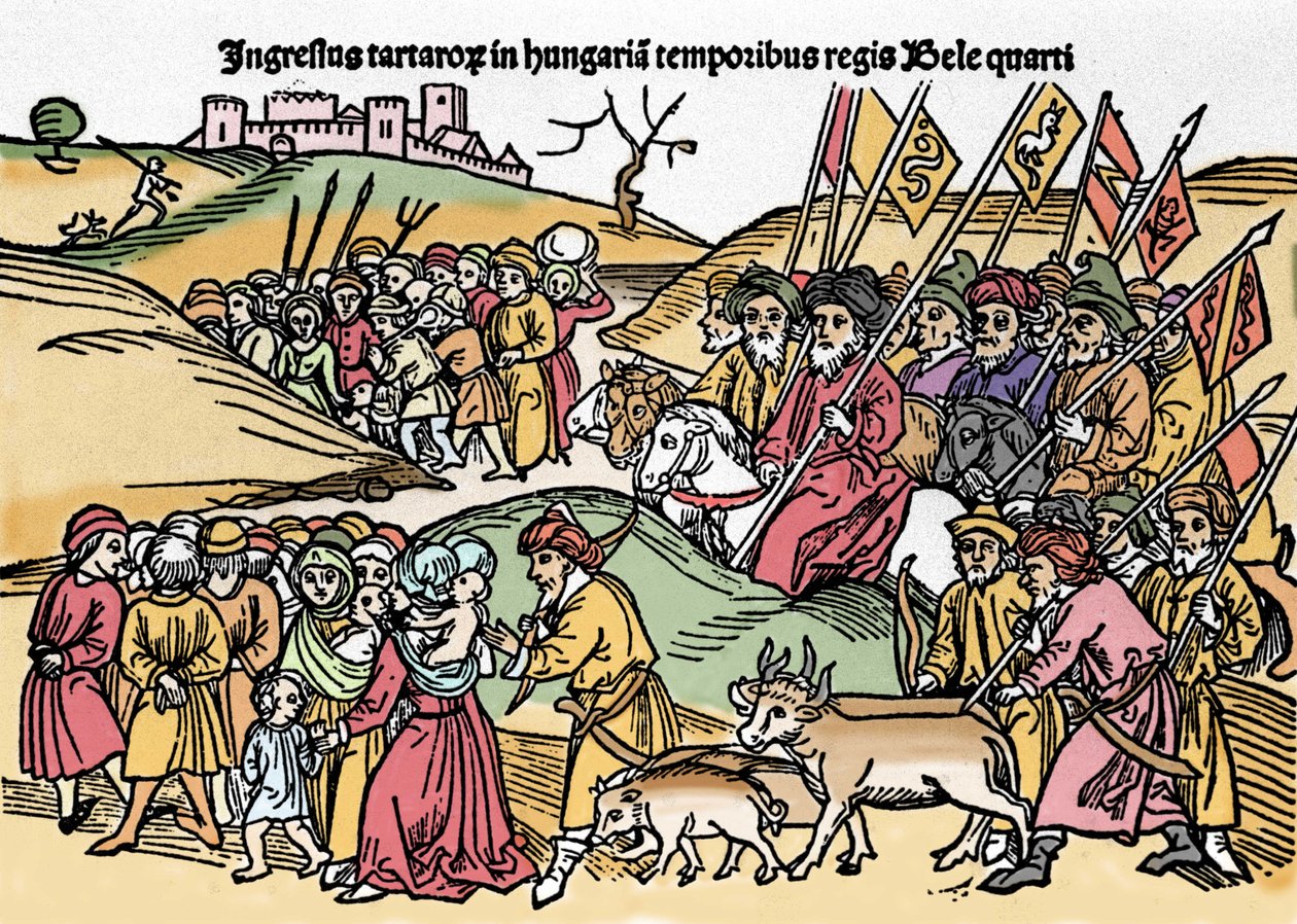 Wkroczenie Tatarów na Węgry pod panowaniem Beli IV (1235-1270) Węgier. Grawer z „Chronica Hungariae””. Biblioteca Marciana, Wenecja. autorstwa Unknown artist