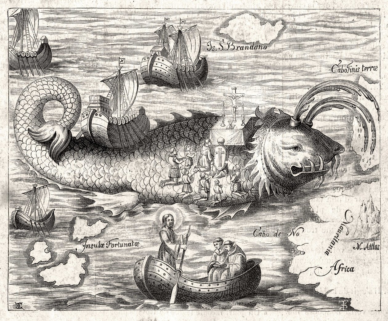 Epizod Legendy o św. Brandanie (Brendan): fantastyczna podróż irlandzkiego opactwa z VI wieku w poszukiwaniu ziemskiego raju. Druk z 1621 r. autorstwa Unknown artist
