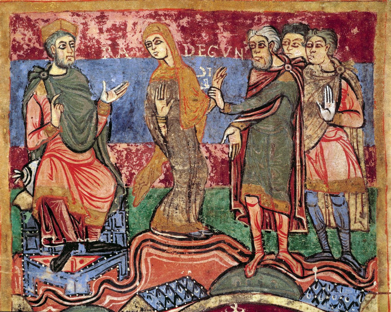 Odcinek z życia św. Radegondy (Radegundis) z Poitiers (519-587), żony Clotaire I, króla Franków: Radegonde prowadzi król Clotaire I. Miniatura z rękopisu z XI wieku. Biblioteka miejska w Poitiers. autorstwa Unknown artist