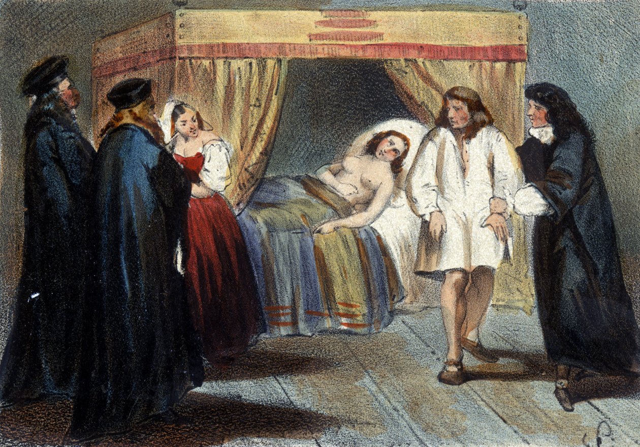 Odcinek próby męskości Wincentego I Gonzague (1562 - 1612), księcia Mantui, za małżeństwo z córką Franciszka Medyceusza Eléonore w 1584 roku. Podejrzewano, że nie miał żadnych spadkobierców. Litografia XIX wieku. autorstwa Unknown artist