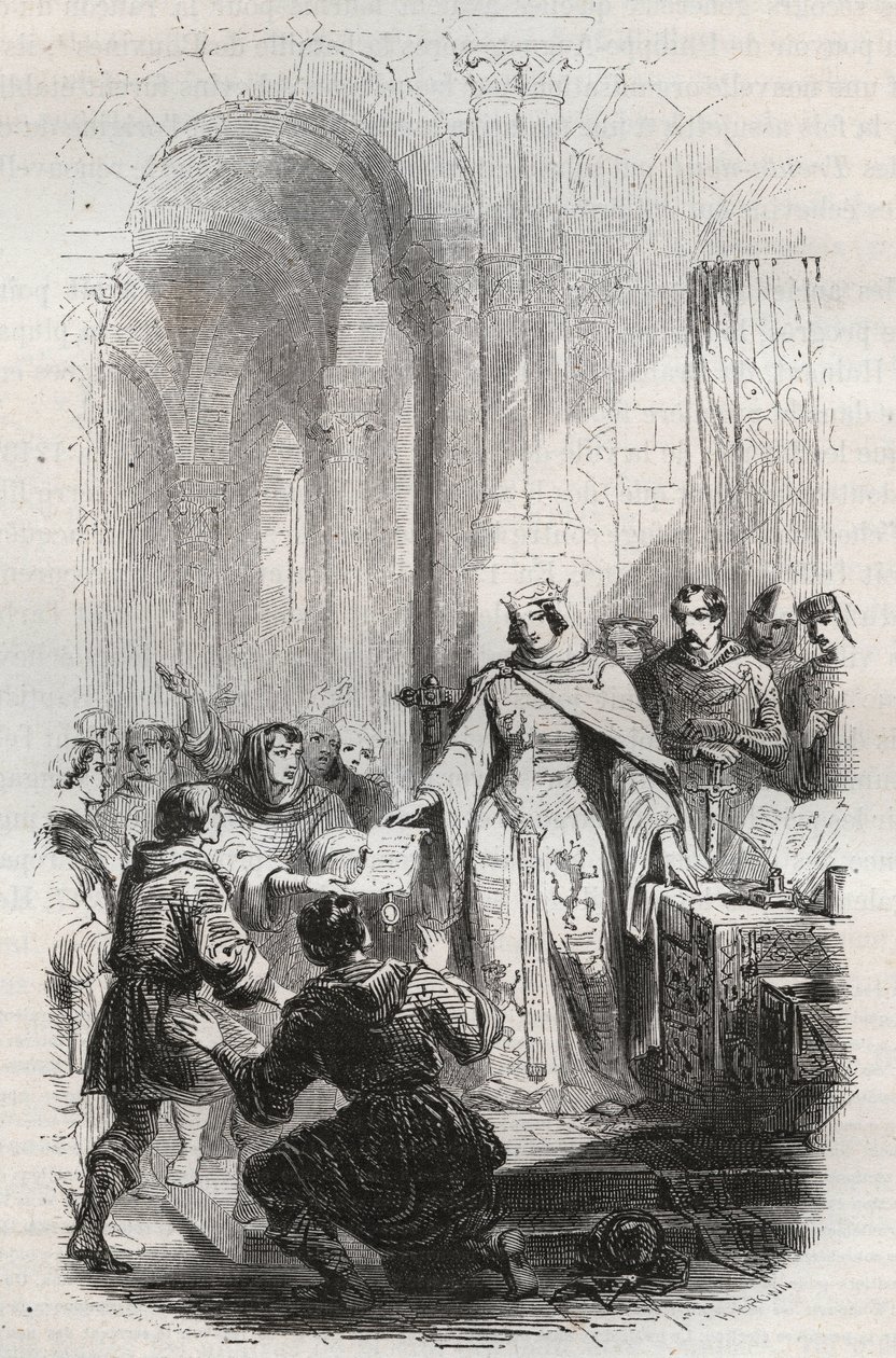 Ermesinde, hrabina Luksemburga - Karta pocztowa nadana przez Ermesinde Iere z Luksemburga mieszkańcom Luksemburga w 1243 r. - Rycina z 1868 r. w „Historii Belgii od czasów pierwotnych do końca Leopolda I” autorstwa Theodore Juste (1818-1888) - autorstwa Unknown artist