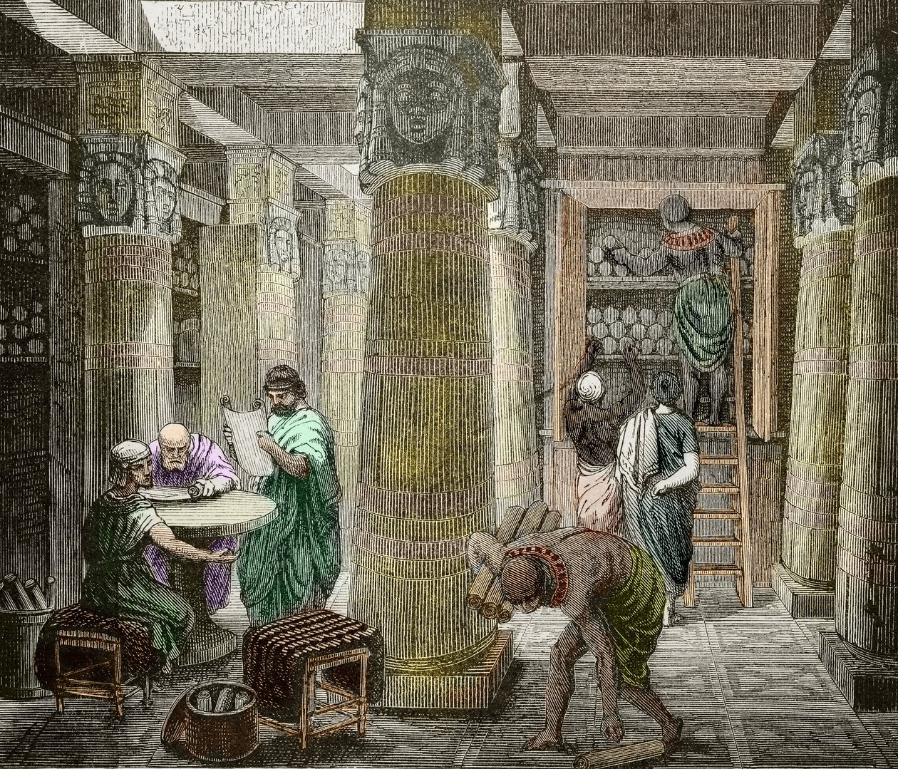 Erudyci w Bibliotece Aleksandryjskiej, zniszczona w 642 r., Egipt) (Widok Biblioteki Aleksandryjskiej, Egipt) XIX wiek (rycina) autorstwa Unknown artist