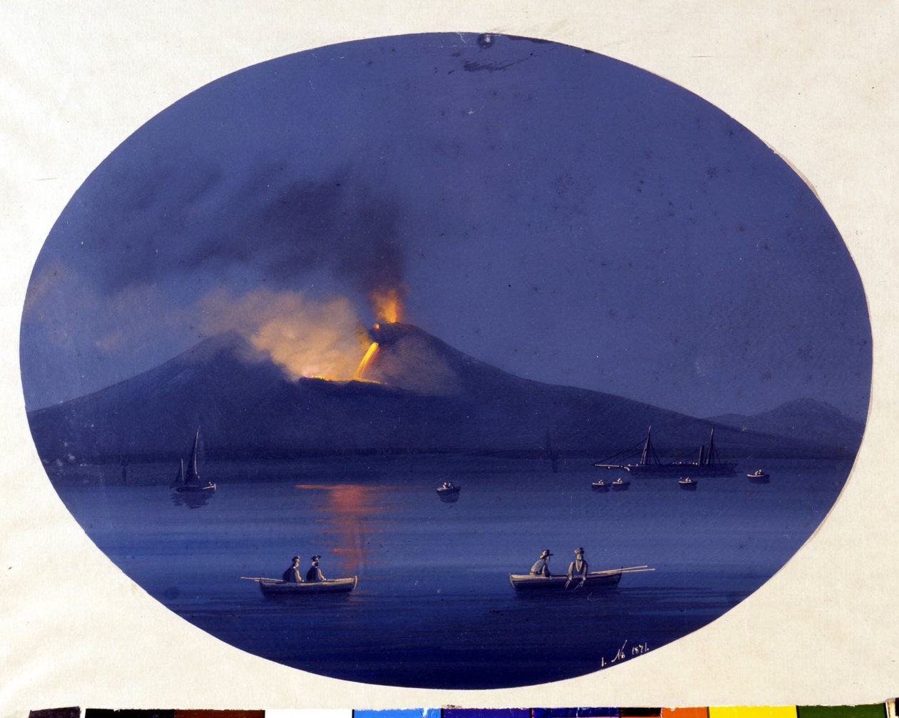 Nocna erupcja Etny widziana z morza u wybrzeży Katanii. Anonimowy obraz z XIX wieku. autorstwa Unknown artist