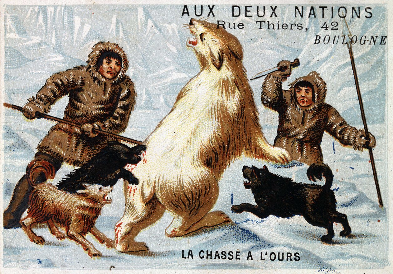 Eskimosi, polowanie na niedźwiedzie, reklamy w sklepach „” aux deux nations”, Boulogne, v. 1895 autorstwa Unknown artist