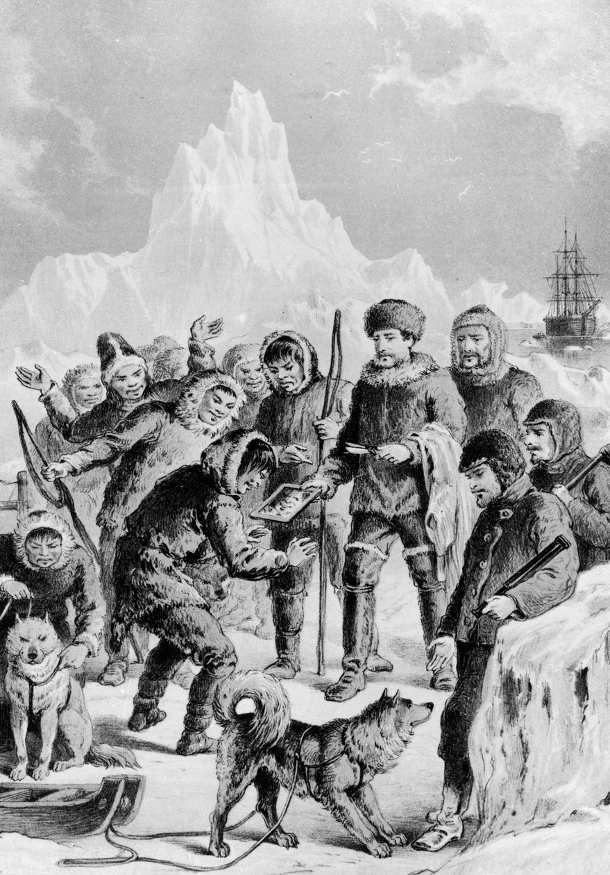 Eskimosi odkrywający lustro przywiezione przez ekspedytorów - Artic Expedition z wybrzeży brytyjskich i zagranicznych od najwcześniej do wypraw z 1875 roku. autorstwa Unknown artist