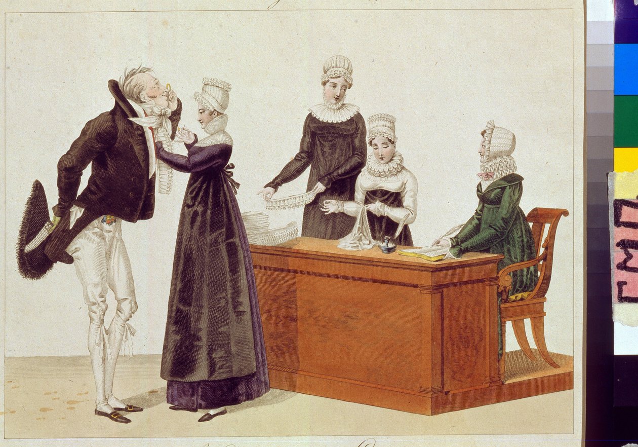 Przymierzanie upraw. Praca anonimowa, akwarela na papierze, ok. 1815 r. Karykatura XIX w. Państwowe Muzeum A.S. Puszkina, Moskwa. autorstwa Unknown artist