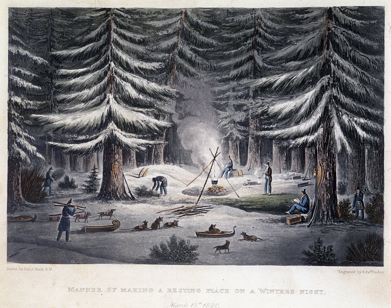 Założenie obozu podczas zimowej nocy – w „Opowieści o wyprawie nad brzeg morza polarnego w latach 1819-1821” Johna Franklina, wyd. Londyn autorstwa Unknown artist