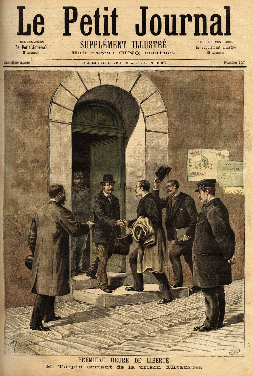 Eugene Turpin (1848-1927), chemik, wynalazca w 1884 melinitu (materiał wybuchowy), niesłusznie oskarżony o sprzedanie swojego wynalazku wrogowi, został niewinny i uwolniony z więzienia w Etampes. Grawer w „”Le petit journal”” 29.04.1893. Kolekcja Selvy autorstwa Unknown artist