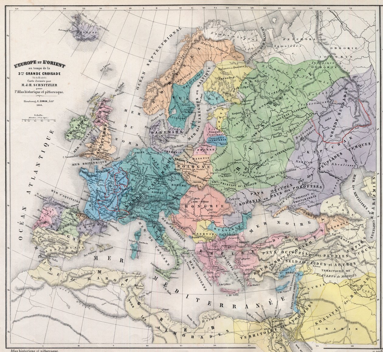 Europa i Orient w czasie III Wielkiej Krucjaty pod koniec XIII wieku - Mapa przygotowana przez M J-H Schnitzlera, Atlas historyczno-malowniczy 1858 autorstwa Unknown artist