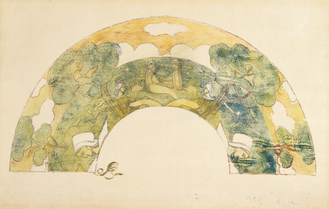 Evantail - Bretończycy Au Bord De La Mer (Wachlarz - Bretończycy nad morzem) (cynkografia i monotypia z ręcznym kolorowaniem) autorstwa Unknown artist