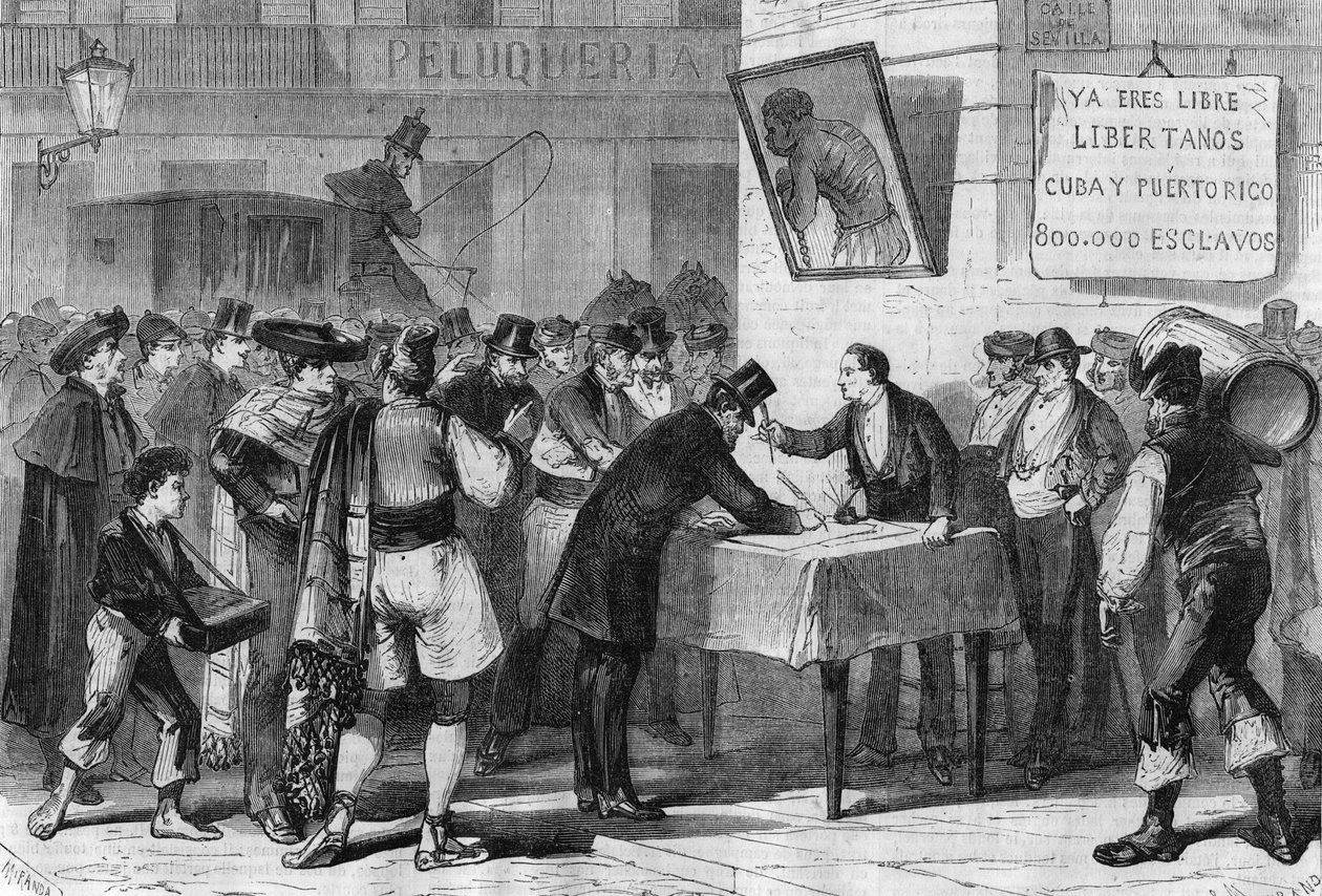 Wydarzenia w Hiszpanii w 1885 r.: publiczna prenumerata Madrytu na zakup niewolników z Kuby i Portoryko. autorstwa Unknown artist