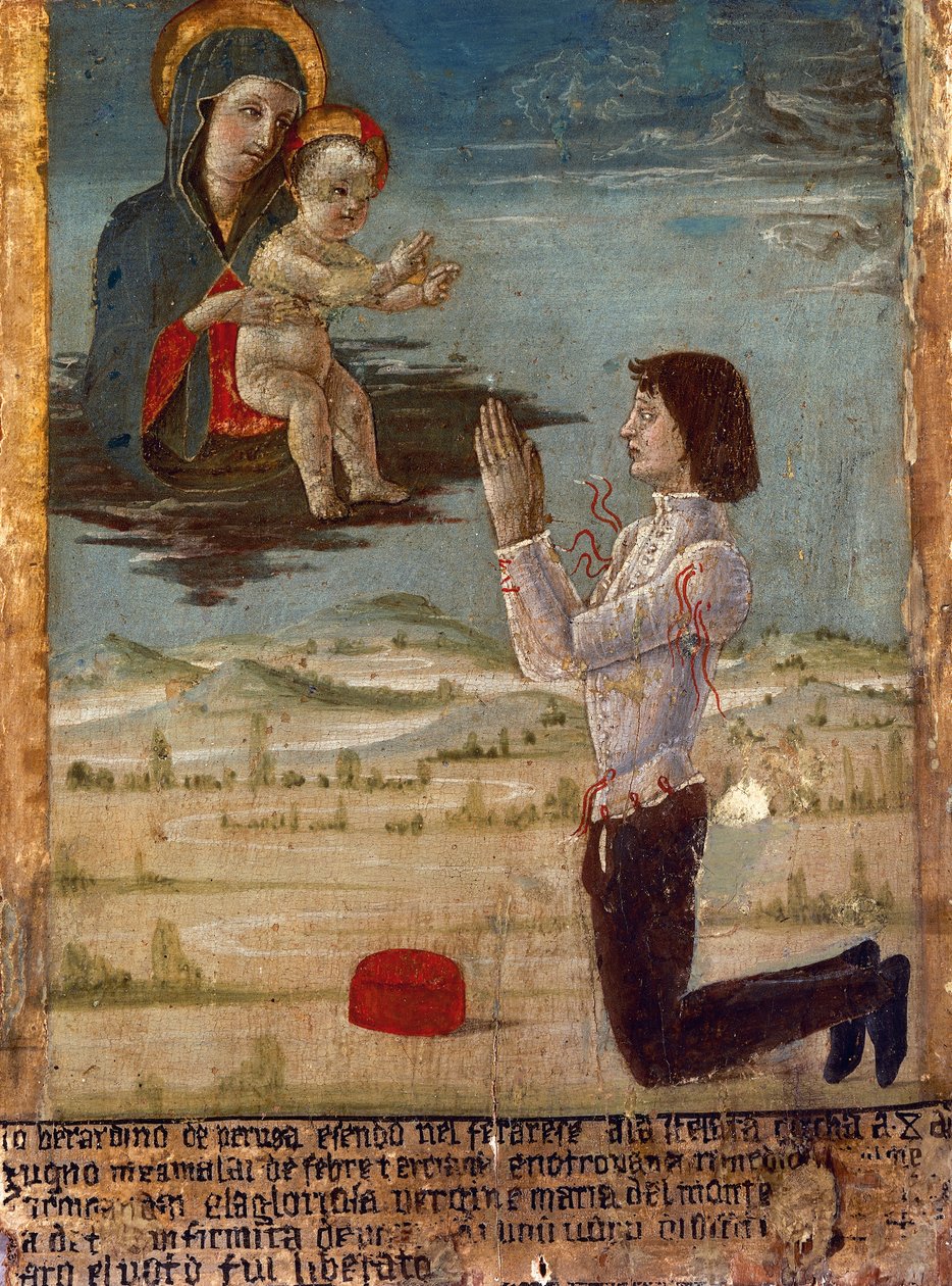 Ex-voto przedstawiające Madonnę z Dzieciątkiem i modlącym się mężczyzną na kolanach, opactwo św. Marii del Monte, Cesena, Emilia-Romania, Włochy autorstwa Unknown artist