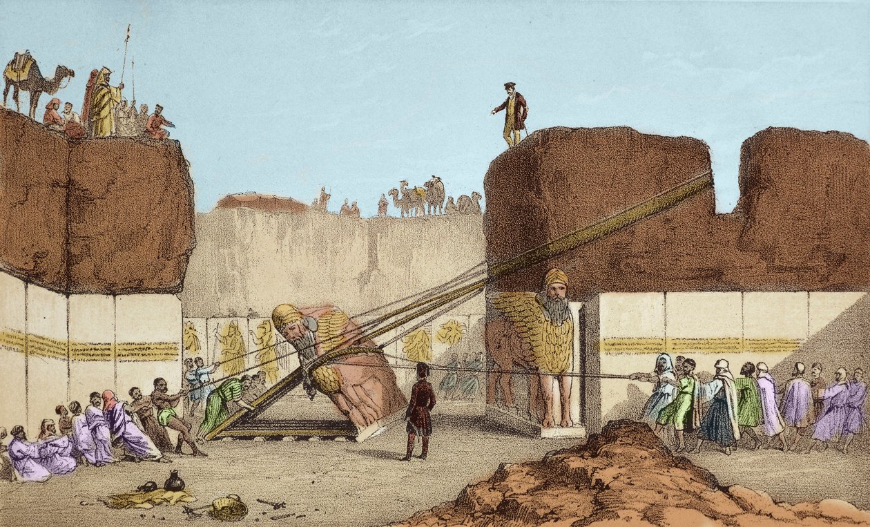 Wykopaliska Niniwy (Ninewa) - Ruiny Nimrud (Nimroud) autorstwa Henri Layarda (po podróży do Mezopotamii w XIX wieku); wymiana wielkiego byczego skrzydła - transport skrzydlatego byka z Nimrud, podczas wykopalisk Sir Austena Henry