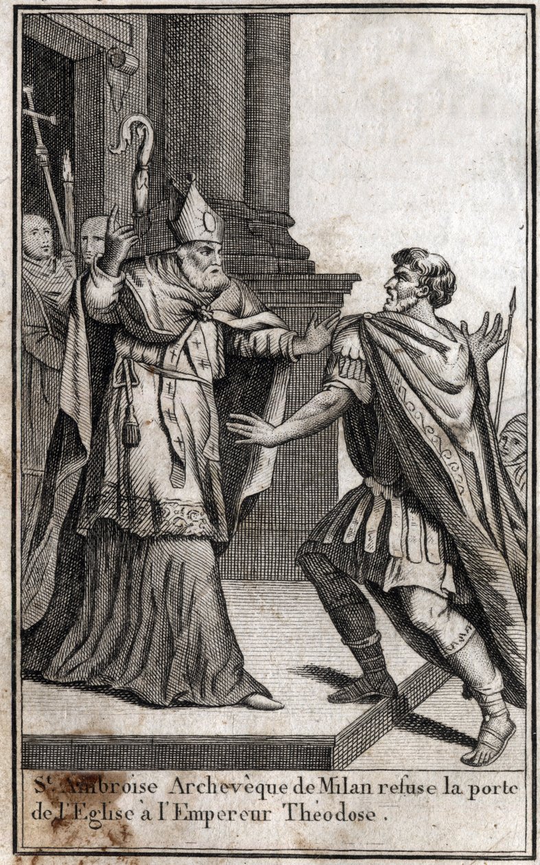 Ekskomunika: łuk św. Ambrożego z Mediolanu (Aurelius Ambrosius, Ambrogio di Milano (340-397) odmawia drzwi kościoła rzymskiemu cesarzowi Teodozjuszowi I (Flavius Theodosius) (347-395), aby ukarać go za masakrę w Salonikach w 390. Grawerowanie w autorstwa Unknown artist
