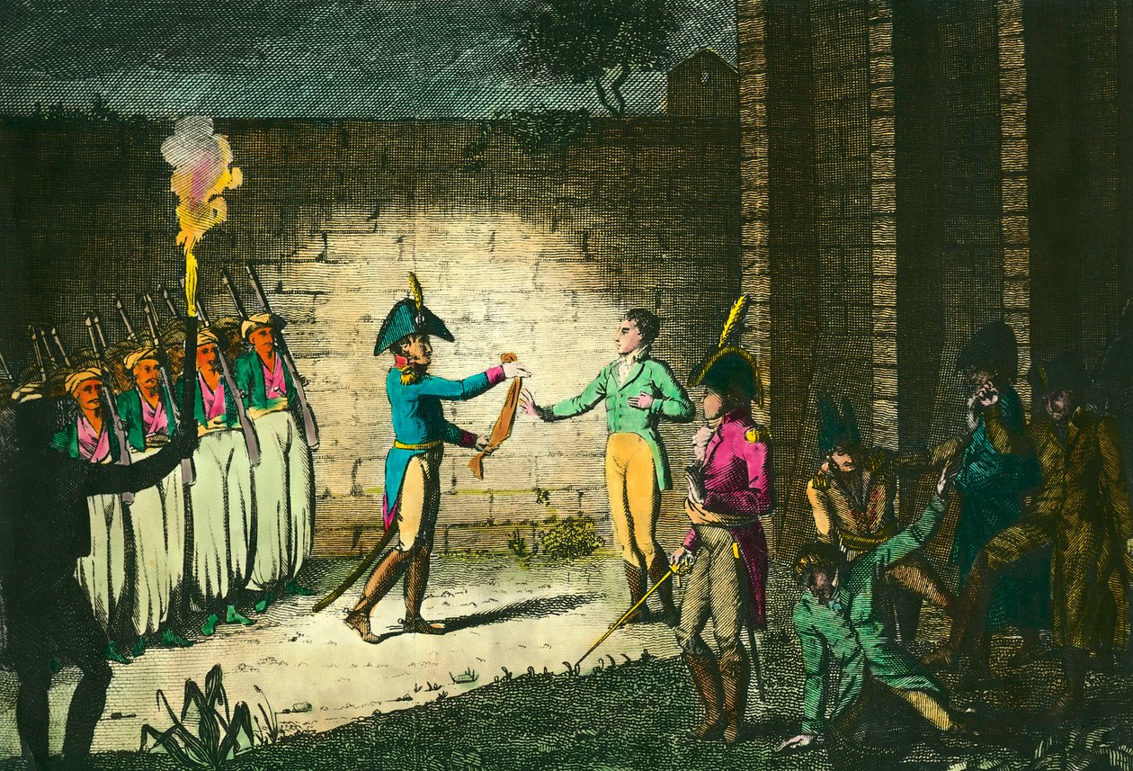 Egzekucja Ludwika de Bourbon, księcia Enghien (1772-1804) w dniu 21 marca 1804 r. w Vincennes, podejrzanego bez dowodu spisku przeciwko pierwszemu konsulowi Napoleonowi Bonaparte. Grawer około 1804 r. Kolekcja prywatna autorstwa Unknown artist