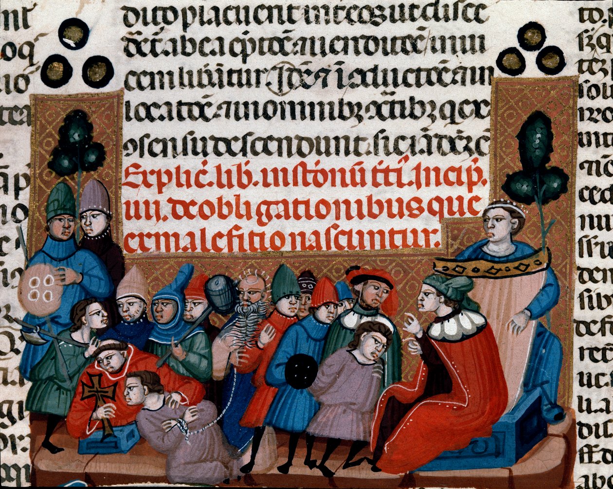 Wykonanie miniaturowego wyroku skazującego z Kodeksu Justyniana (Codex Justinianus), zbioru praw i instytucji przeredagowanych za czasów cesarza rzymskiego Justyniana I Bizancjum (483-565) autorstwa Unknown artist