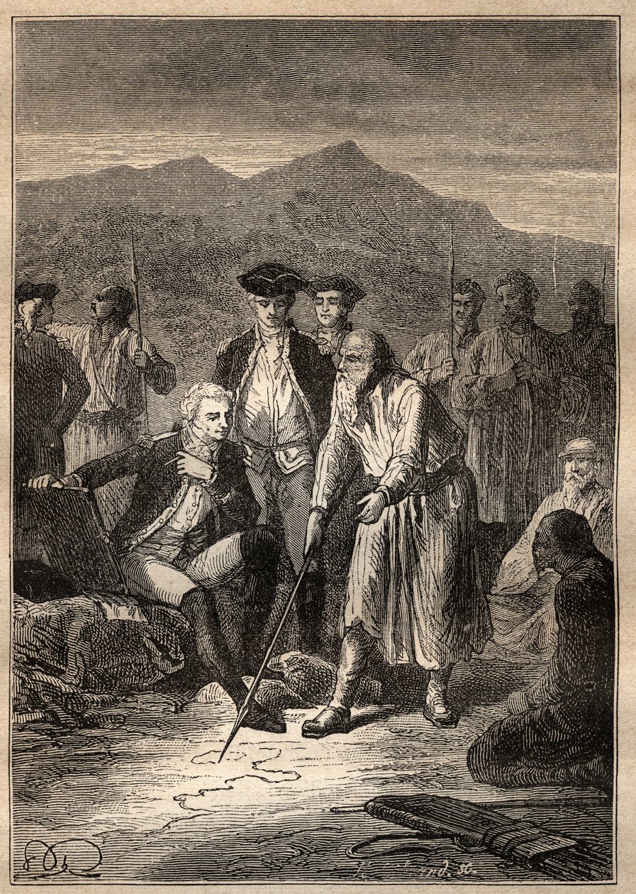 Ekspedycja dookoła świata (1785-1788) Jean Francois Galaup de La Perouse (1741-1788): żeglarze wysiadają na wyspie Saghalian (Sachalinie) spotykają starca, który narysował im mapę Tartarii - ilustracja zaczerpnięta z „Wielkiego Marynarze XVIII wieku autorstwa Unknown artist