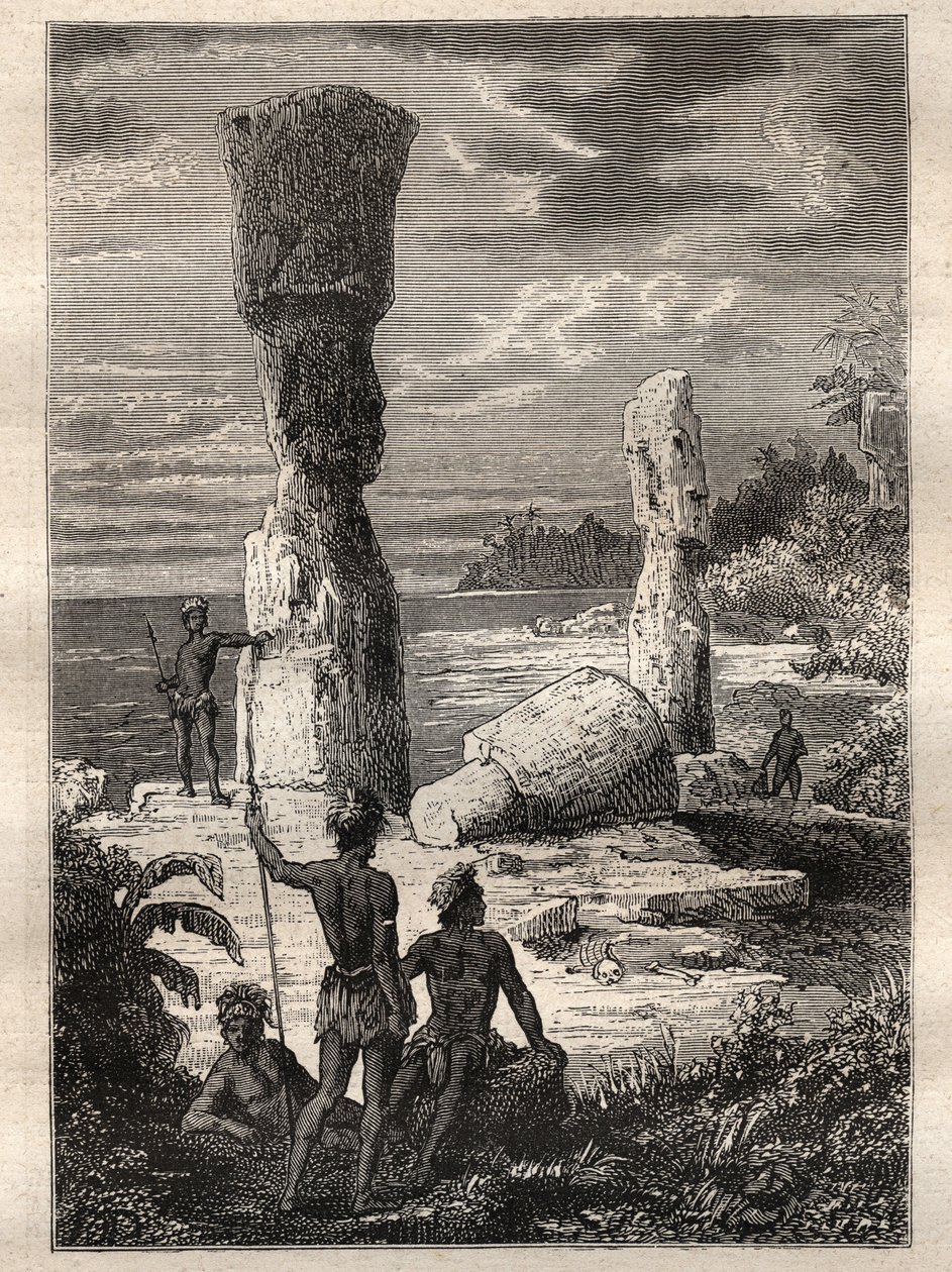 Wyprawa dookoła świata (1785-1788) Jeana Francois Galaup de La Perouse (1741-1788): rdzenni mieszkańcy Wyspy Wielkanocnej patrzący na monumentalne posągi (Moai) - ilustracja zaczerpnięta z „Wielkich Marynarzy XVIII wieku”” autorstwa Unknown artist
