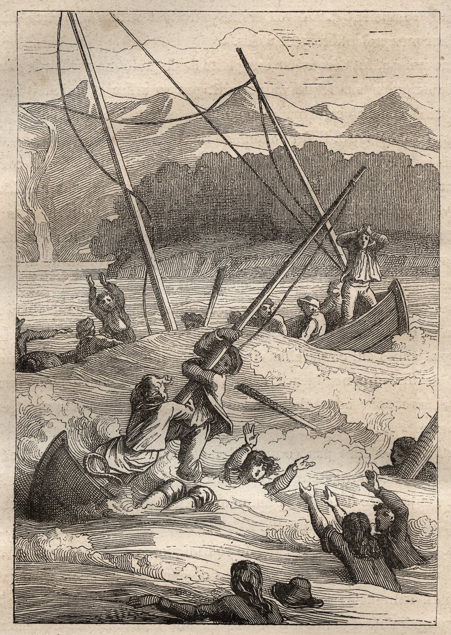 Wyprawa dookoła świata (1785-1788) Jeana Francois Galaup de La Perouse (1741-1788): wrak łodzi w porcie francuskim (Alaska) - ilustracja zaczerpnięta z „Wielkich Marynarzy XVIII wieku” autorstwa Unknown artist