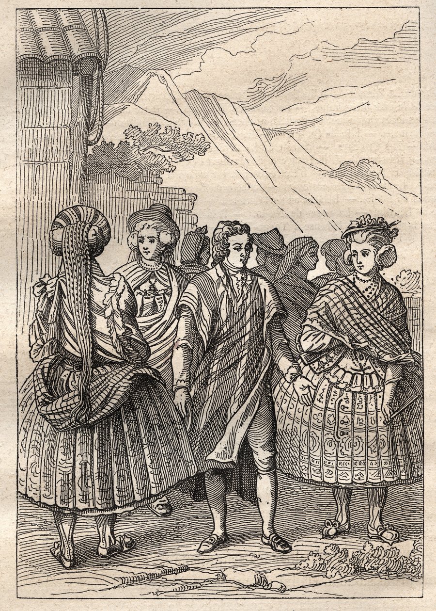 Wyprawa dookoła świata (1785-1788) Jeana Francois Galaup de La Perouse (1741-1788): kostiumy mieszkańców Concepcion (Chile) - ilustracja zaczerpnięta z „Wielkich Marynarzy XVIII wieku”” autorstwa Unknown artist