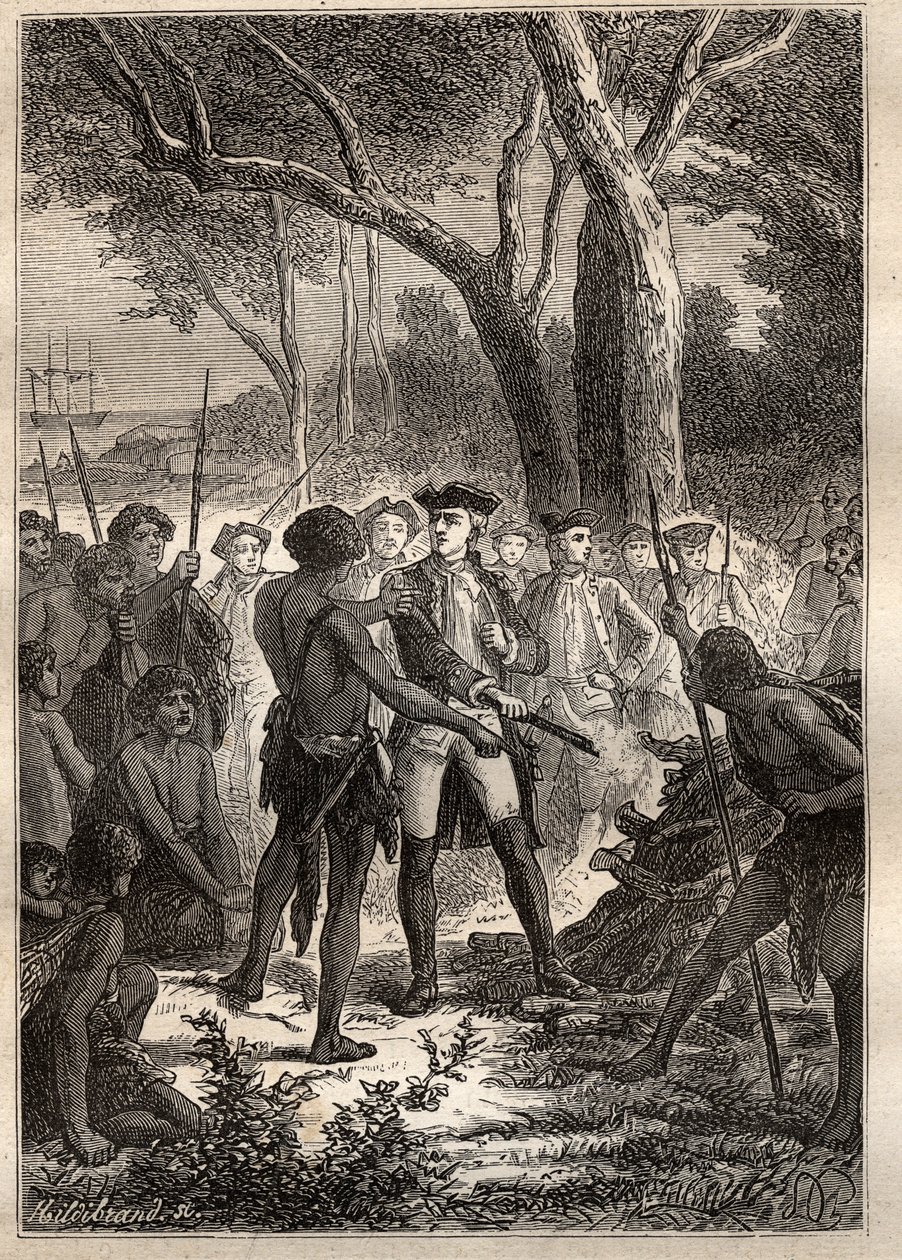 Wyprawa Nicolasa Thomasa Marion-Dufresne (Marion Dufresne) (1729-1772): Marion wysiadła w Frederick Henry Bay (Tasmania) i zaoferowano jej brandon podpalony przez rdzenną ludność – ilustracja zaczerpnięta z „Wielkich marynarzy XVIII wieku”” autorstwa Unknown artist