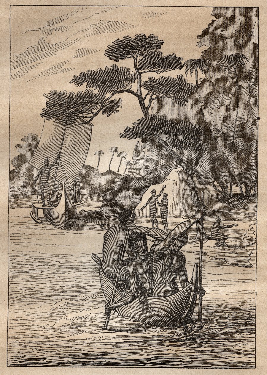 Wyprawa Nicolasa Thomasa Marion-Dufresne (Marion Dufresne) (1729-1772): kajaki z wysp Admiraut (Archipelag Bismarcka, Papua Nowa Gwinea) - ilustracja zaczerpnięta z „Wielkich żeglarzy XVIII wieku”” autorstwa Unknown artist