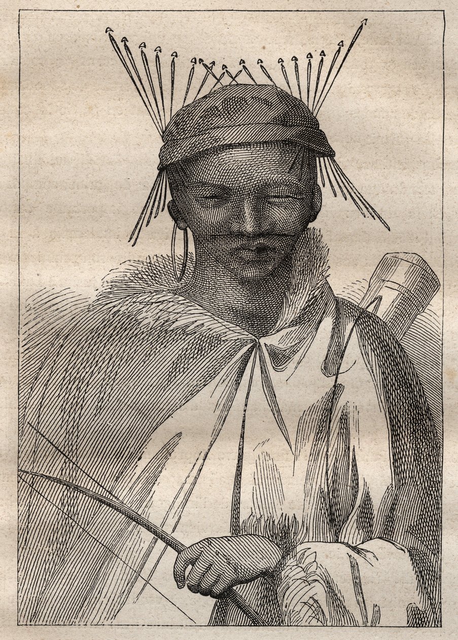 Wyprawa w głąb ziem RPA (1775) Andersa Sparrmana (1748-1820): boschiman (Bochiman lub San, rdzenni mieszkańcy południowej Afryki) - ilustracja zaczerpnięta z „Wielkich żeglarzy XVIII wieku”” autorstwa Unknown artist
