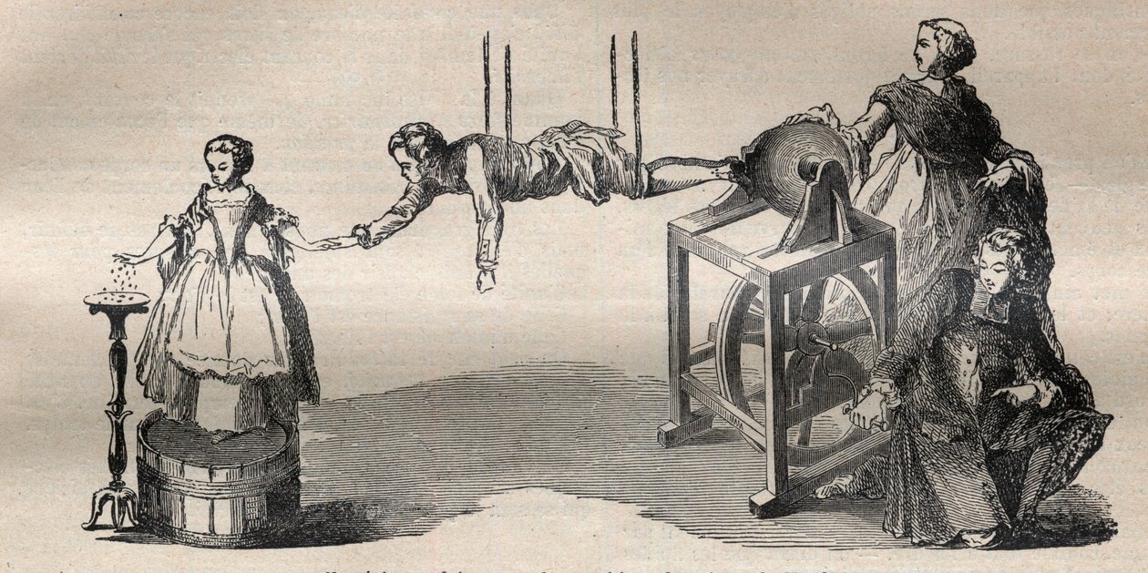 Doświadczenie z maszyny elektrycznej Francisa Hauksbee starszego (1666-1713) - Grawerowanie w „”La Science francaise”” autorstwa Unknown artist