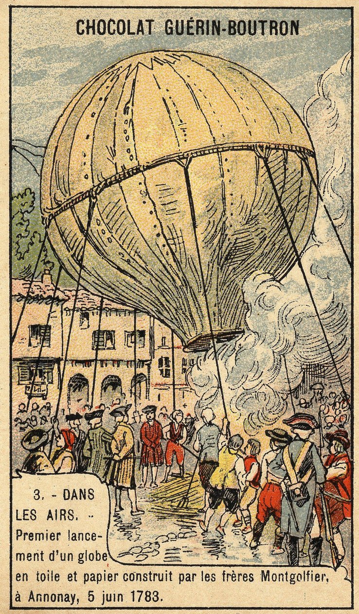 Doświadczenie z 5 czerwca 1783 braci Montgolfier w Annonay.Chromo z końca XIX wieku. autorstwa Unknown artist