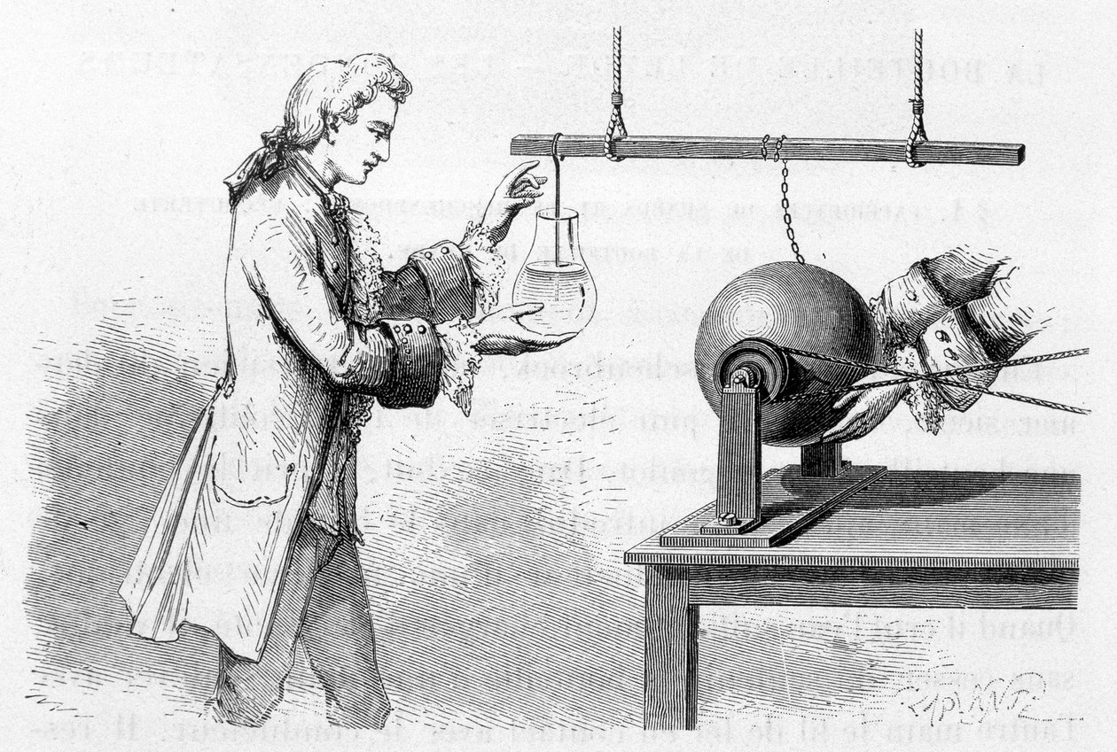 Doświadczenie Cunéus: butelka Lejdy - w „” Magnetyzmie i elektryczności” Amédée Guillemin autorstwa Unknown artist