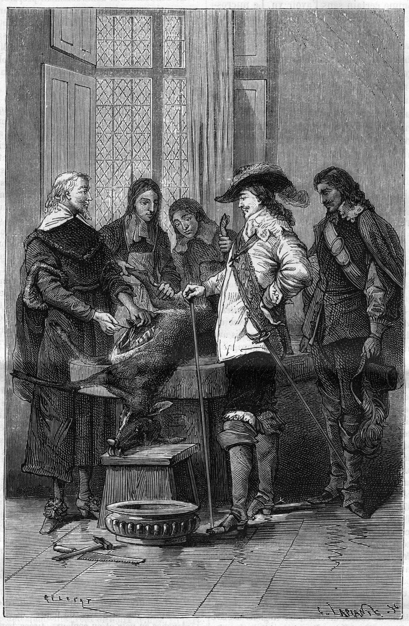 Doświadczenie Williama Harveya (1578-1657), angielskiego lekarza pokazującego Karolowi I Stuartowi (1600-1649), królowi Anglii i lekarzom Royal College of London, zjawisko krążenia krwi u żywej łani. Grawerowanie w „”La Nature”” autorstwa Unknown artist