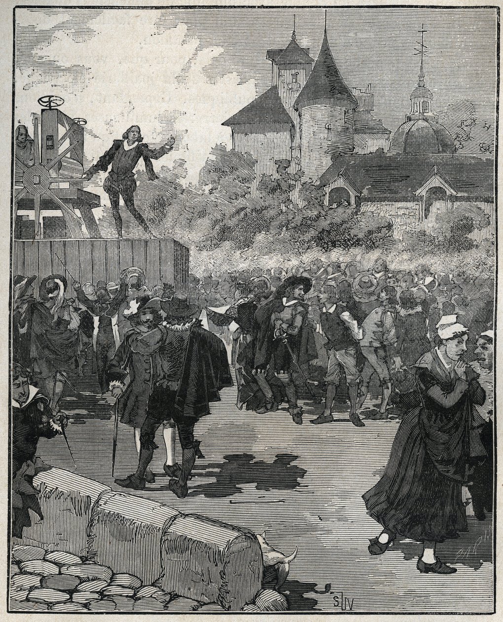 Doświadczenie w górnictwie mechanicznym autorstwa Nicolasa Briota (Grawera Królestwa Francji) (1579-1646) w 1616 r. Rycina z 1885 r. w „”Les arts et metiers illustrés” Adolphe BITARD. autorstwa Unknown artist