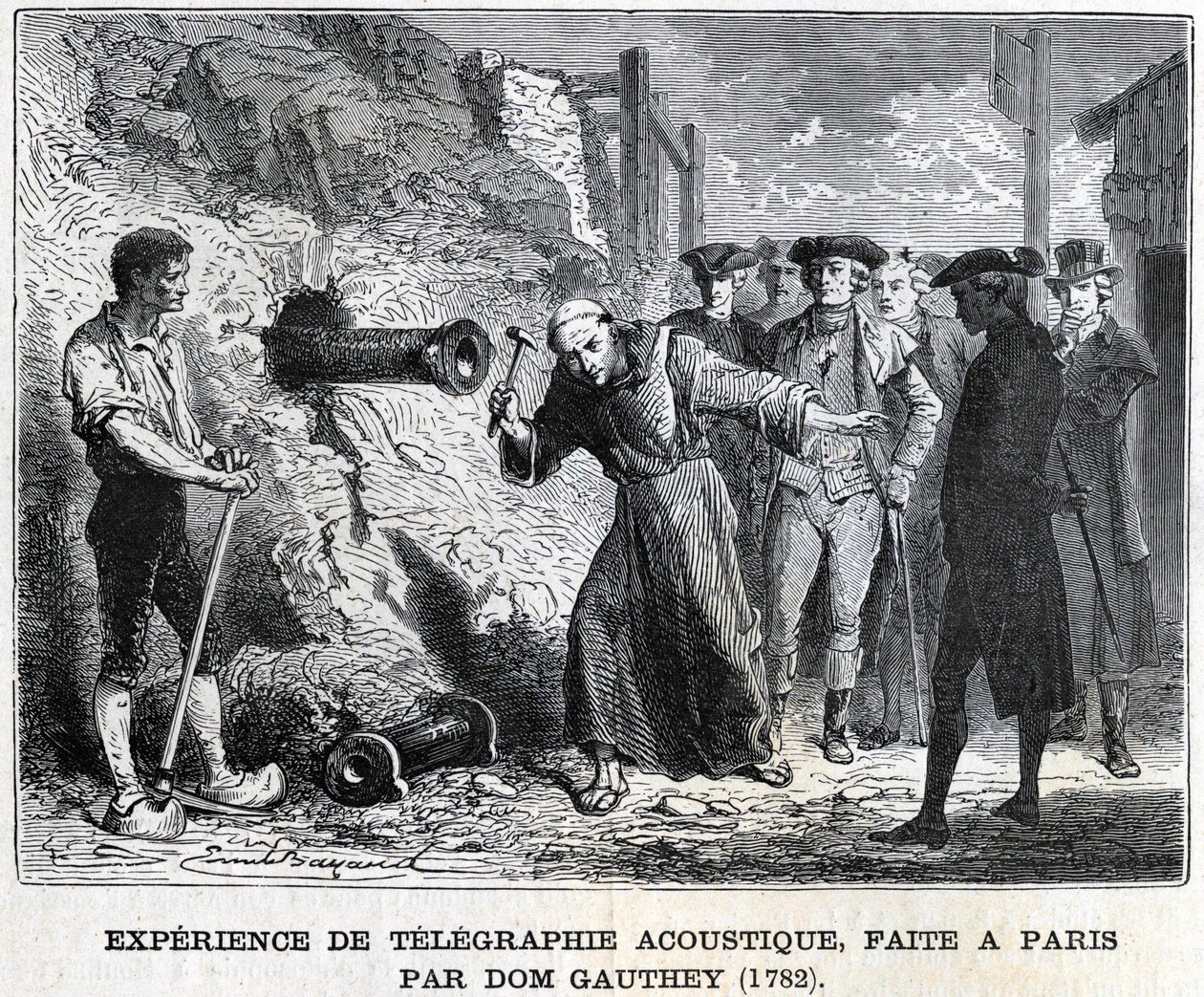 Eksperyment z telegrafii akustycznej, wykonany w Paryżu przez Gautheya w 1782 r., rycina XIX w., kolekcja Bianchetti. autorstwa Unknown artist