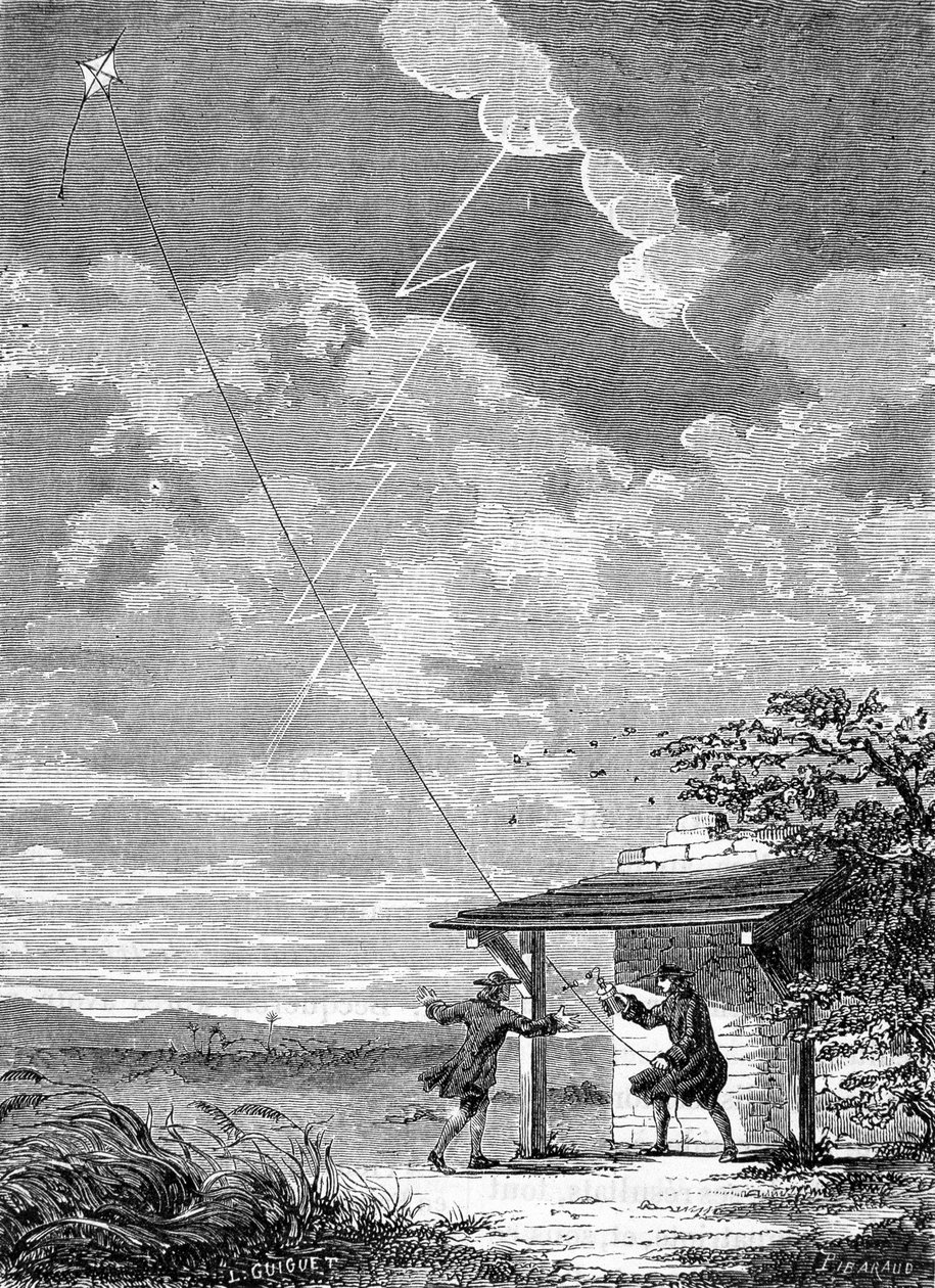 Eksperyment latawca elektrycznego wykonanego w Filadelfii przez Benjamina Franklina, wrzesień 1752 - grawerowanie autorstwa Unknown artist