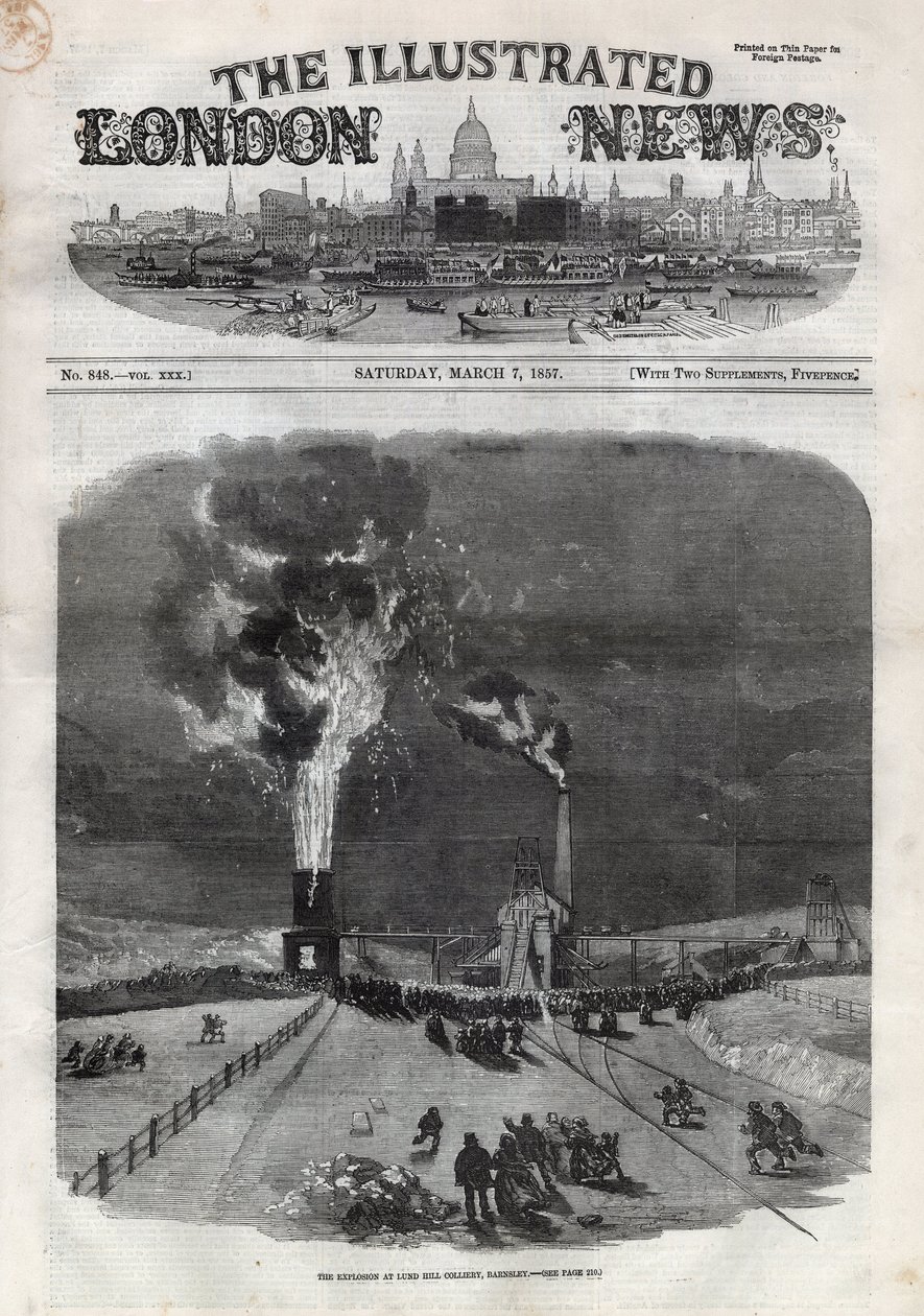 Wybuch w kopalni węgla Lund Hill (Lundhill) w Barnsley w Anglii. Gazeta. Grawerowanie w „The Illustrated London News”” z 7 marca autorstwa Unknown artist